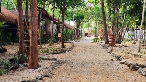 Un sendero atraviesa un jardín tropical con construcciones de techo de paja y bancos de madera.