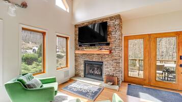 TV, fireplace, books, stereo