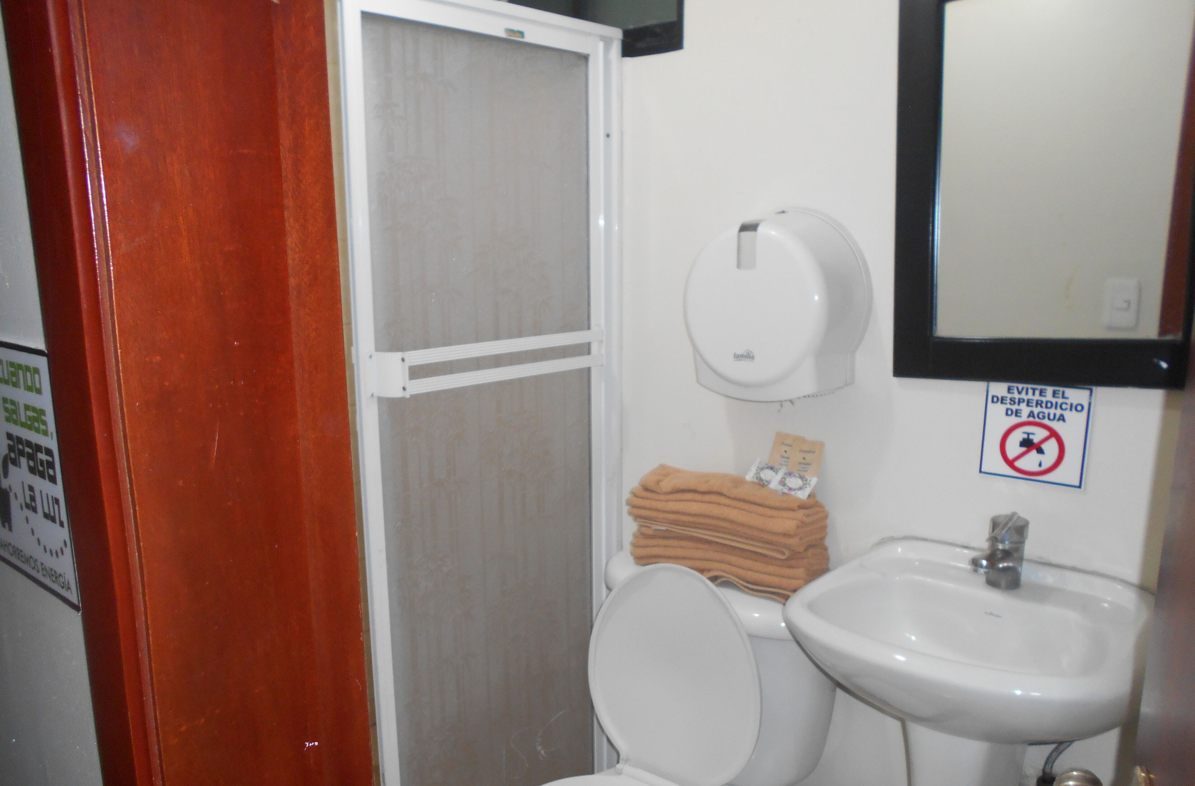 A bathroom with a toilet, sink, and shower stall.