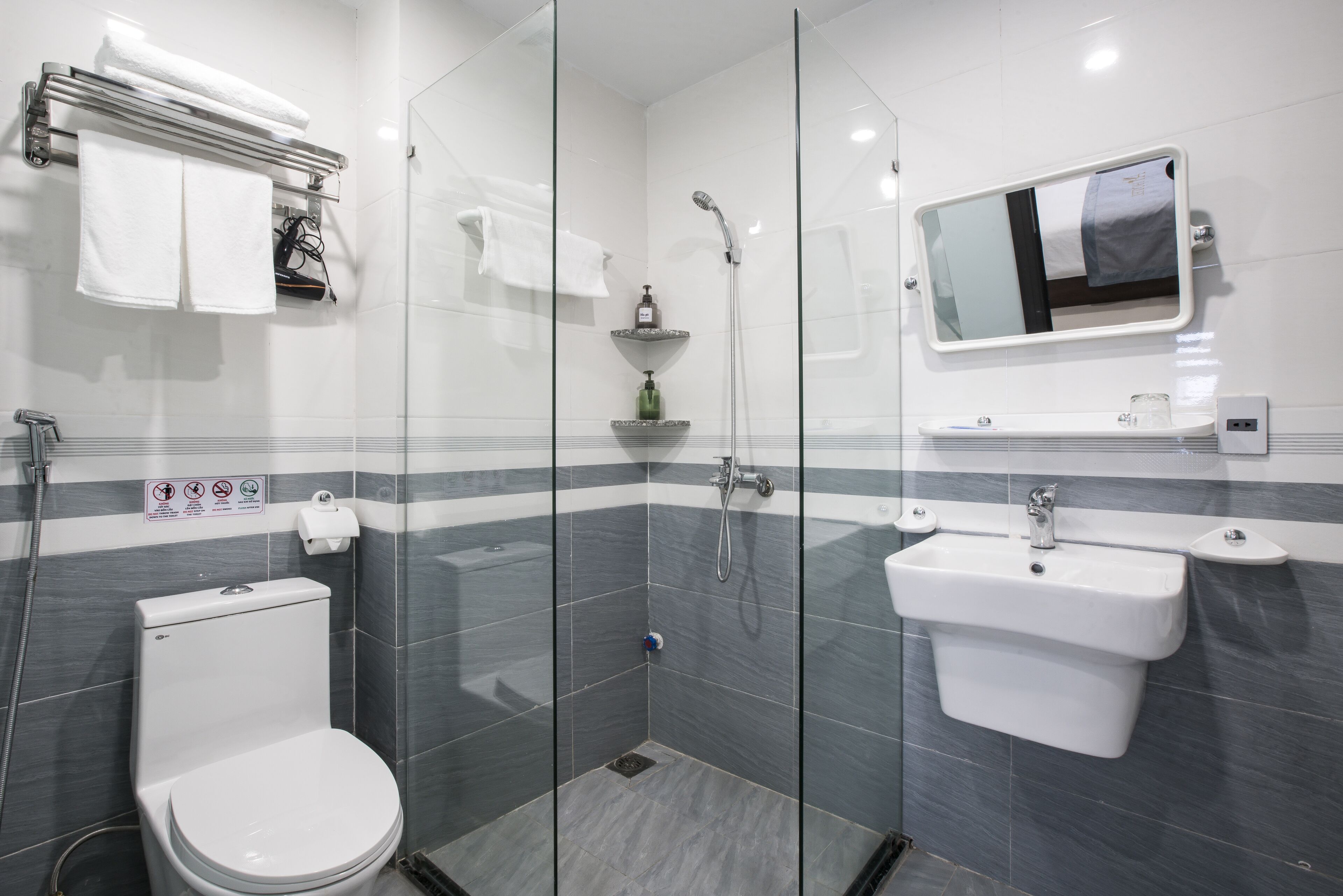 A modern bathroom with a glass-enclosed shower, a white sink, and a toilet.