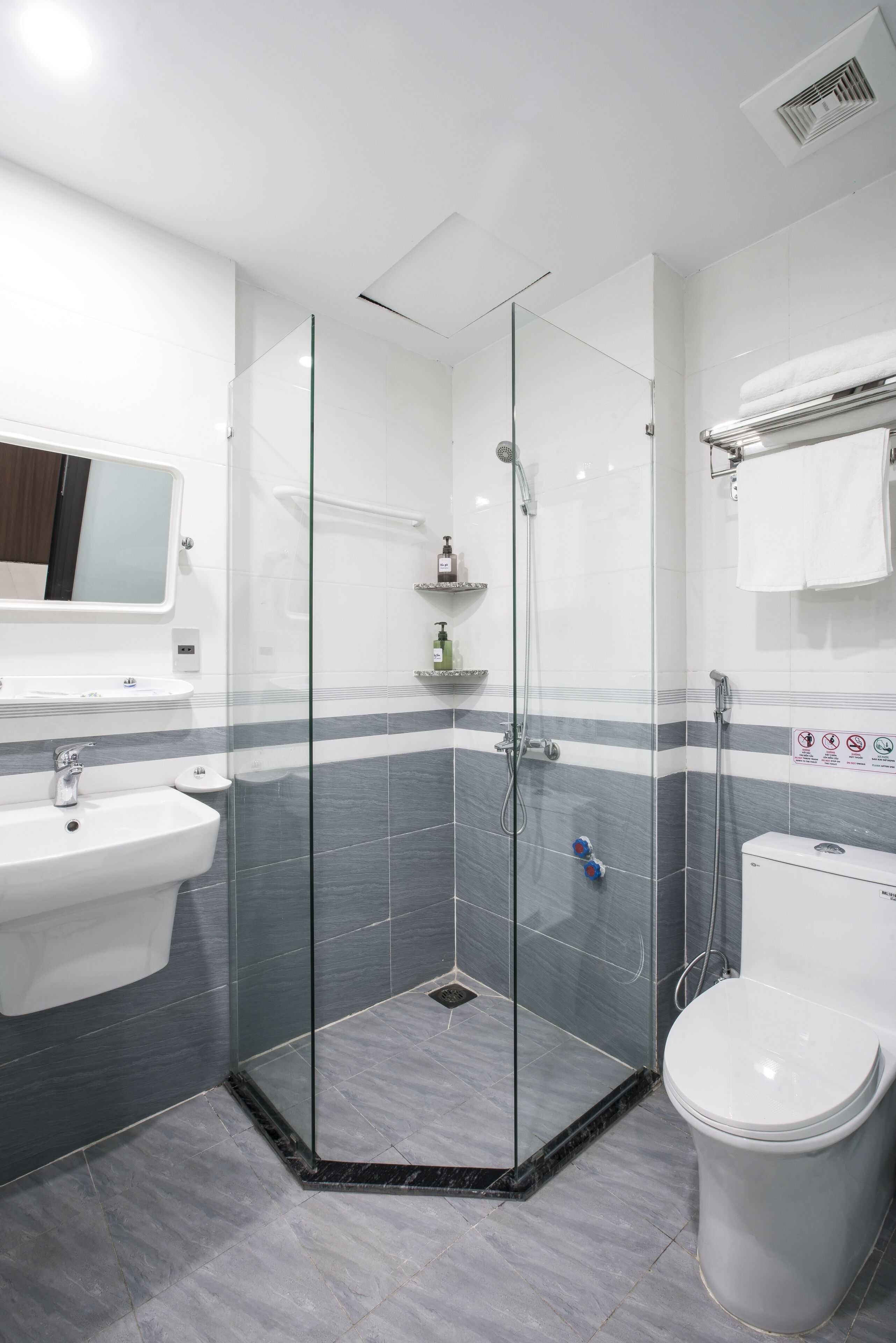 Une salle de bain moderne avec une douche à parois de verre, un lavabo blanc et des toilettes.