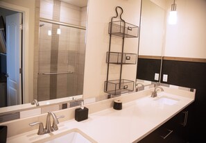 Hair dryer, towels, soap, toilet paper
