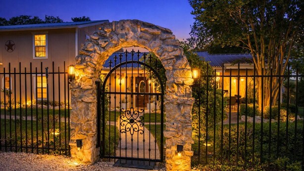 A gated entrance with a stone archway, a metal gate, and a building with a star emblem.