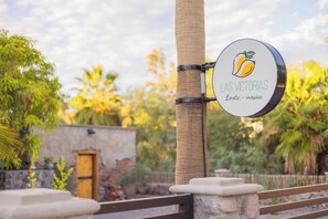 A sign with a fruit illustration and text, mounted on a pole with a stone base, surrounded by greenery.