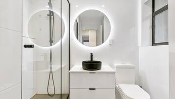 Shower, hair dryer, towels, soap