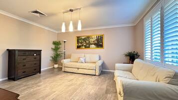 Smart TV, fireplace, books, offices