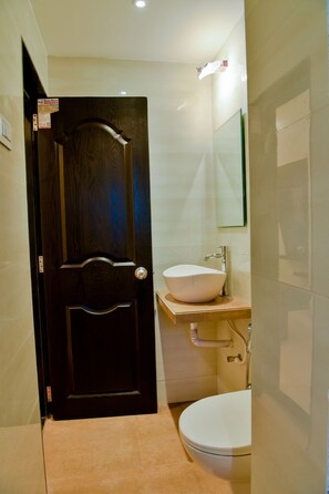 Bathroom features a sink, toilet, and mirror.