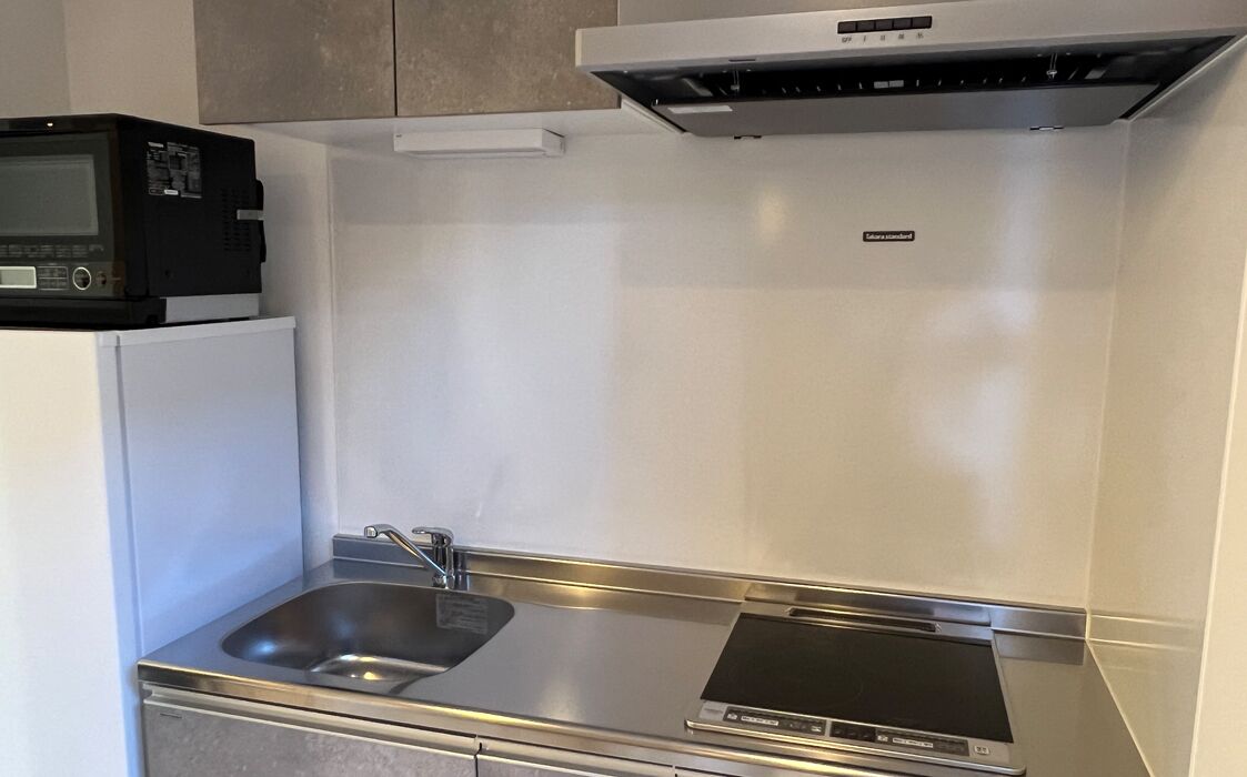 Eine kleine Küche mit einer Edelstahl-Spüle, einer Mikrowelle und einem eingebauten Backofen.