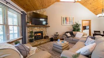 TV, fireplace, books, offices