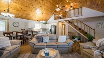 TV, fireplace, books, offices