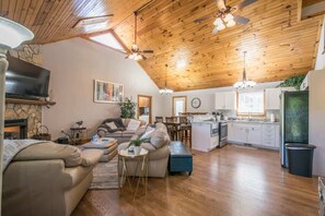 Fernseher, Kamin, Bücher, Arbeitsbereiche