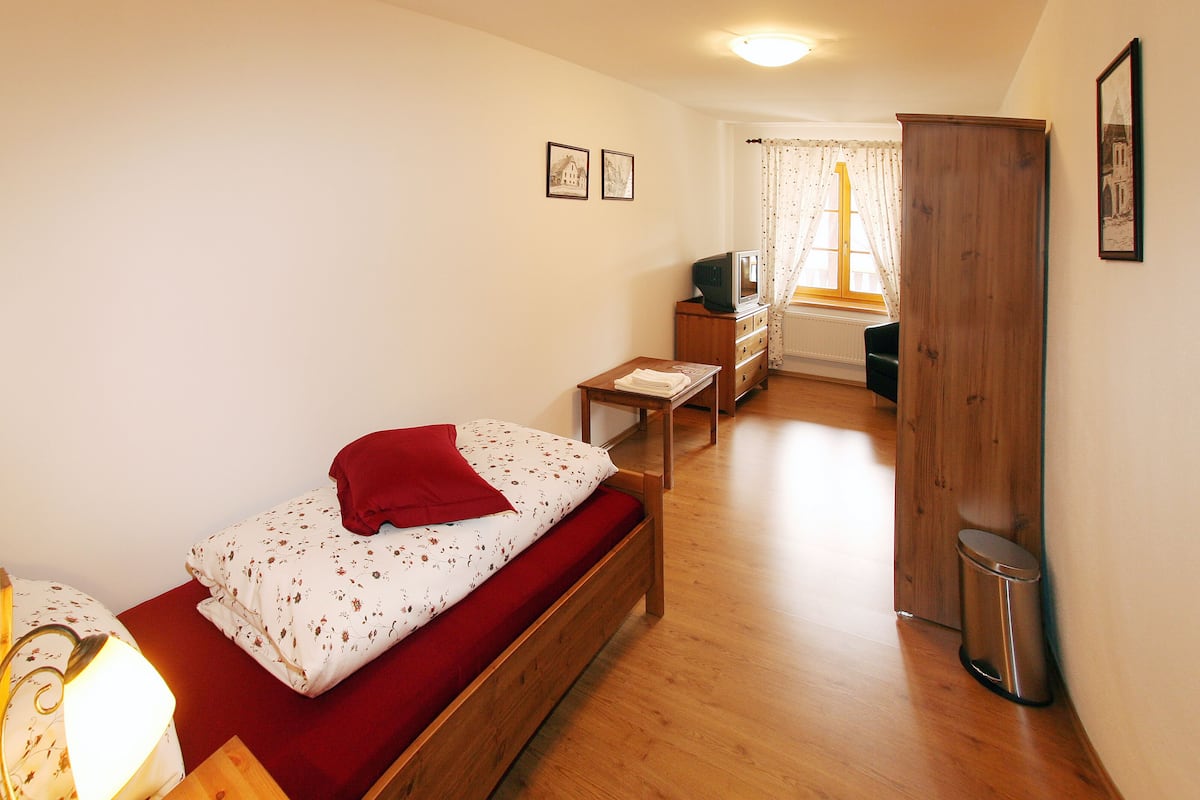 Een kleine, verzorgde slaapkamer met een enkel bed, een houten kastje, een kleintje tafeltje en een televisie.
