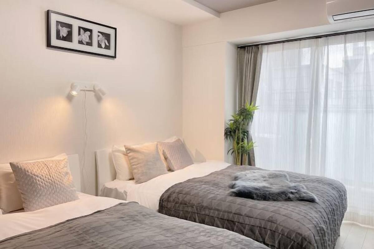 Desk, laptop workspace, blackout curtains, free WiFi
