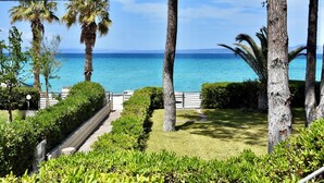 A pathway leading to a beach with palm trees and a clear view of the ocean. - Stay at Beachfront Villa Lilia in Pefkohori, Halkidiki for a Dreamy Vacation (Kassandra)