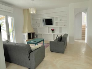 Smart TV, fireplace, books