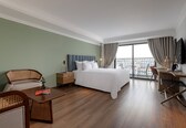 A hotel room with a large bed, a desk, a chair, and a balcony with a view.