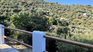 Una ladera con edificios dispersos y vegetación densa.