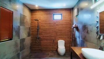 Shower, rainfall showerhead, hair dryer, slippers
