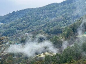 Terraced fields on a hillside with a few buildings and smoke rising from the ground. - Rumtek Boutique Nest  (Gangtok)