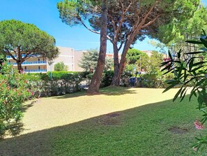 A well-maintained garden with mature trees, a clear sky, and a building in the background.