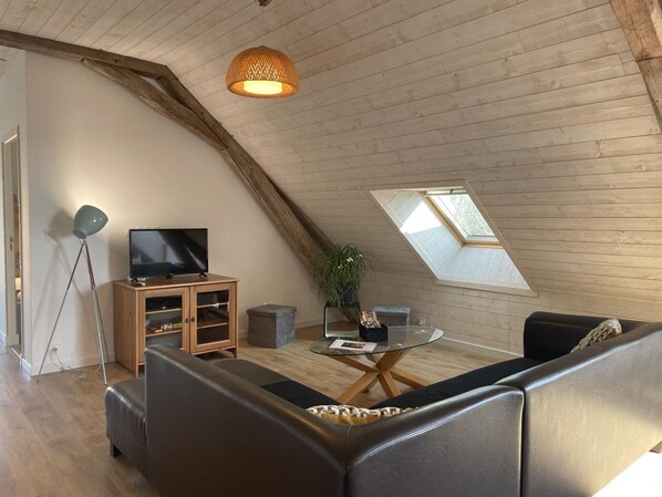A loft-style living room with a sloped ceiling, a television on a wooden cabinet, a glass coffee table, and a sofa. - Cottage in nature, terrace, air conditioning, for 6 people (Saint-Léon)