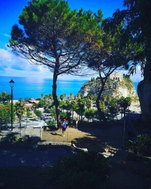 Ein Küstenblick mit einem markanten Baum, einem gepflasterten Weg und einem Gebäude auf einer Klippe mit Blick auf das Meer.