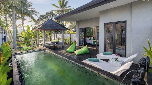Une maison moderne avec une piscine, des coussins verts et une statue.