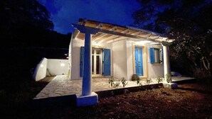 Ein modernes Haus mit Steinterrasse, blauen Fensterläden und einer überdachten Veranda.