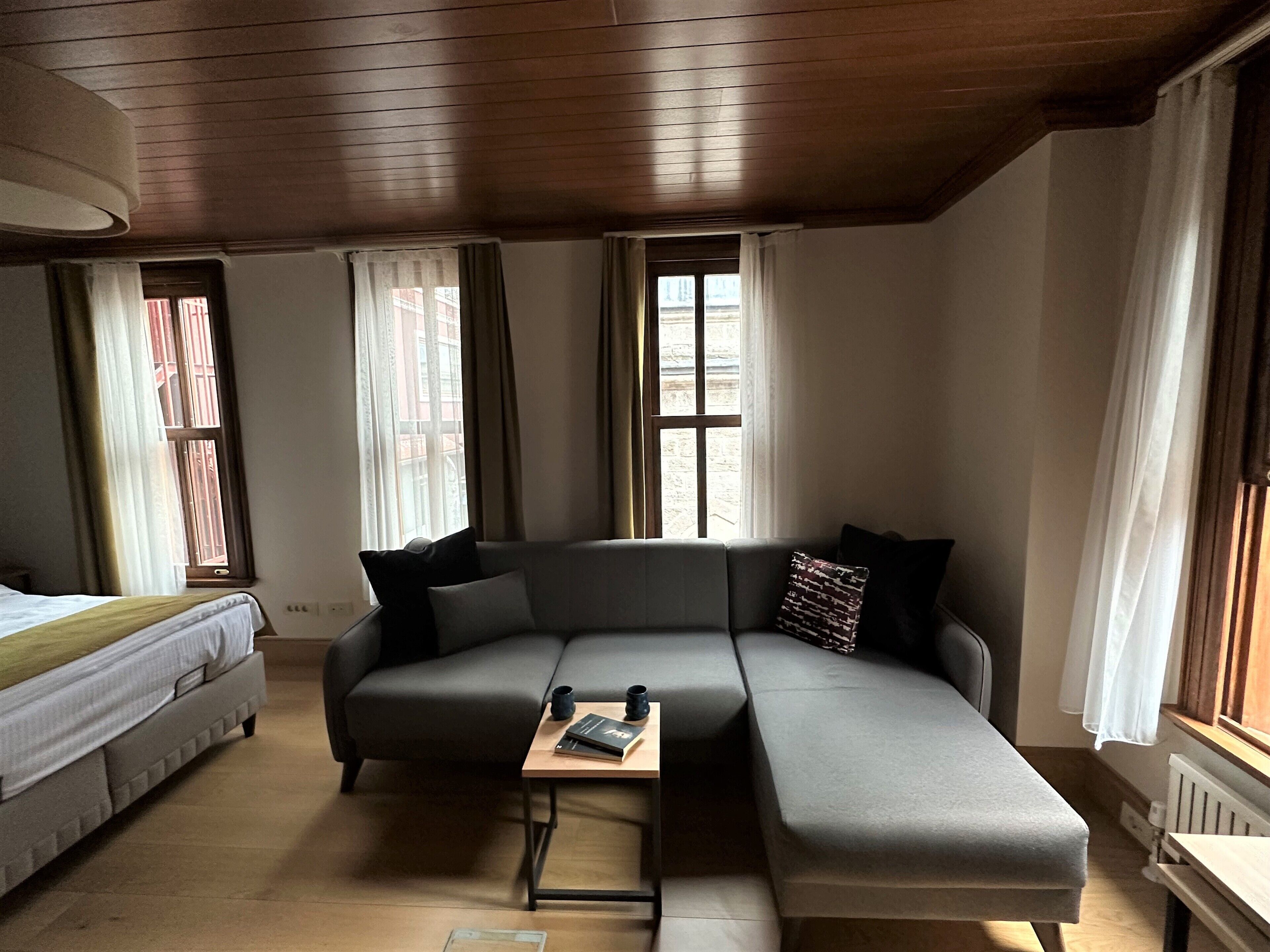 Une pièce moderne et bien éclairée, avec un canapé, une petite table et un lit.