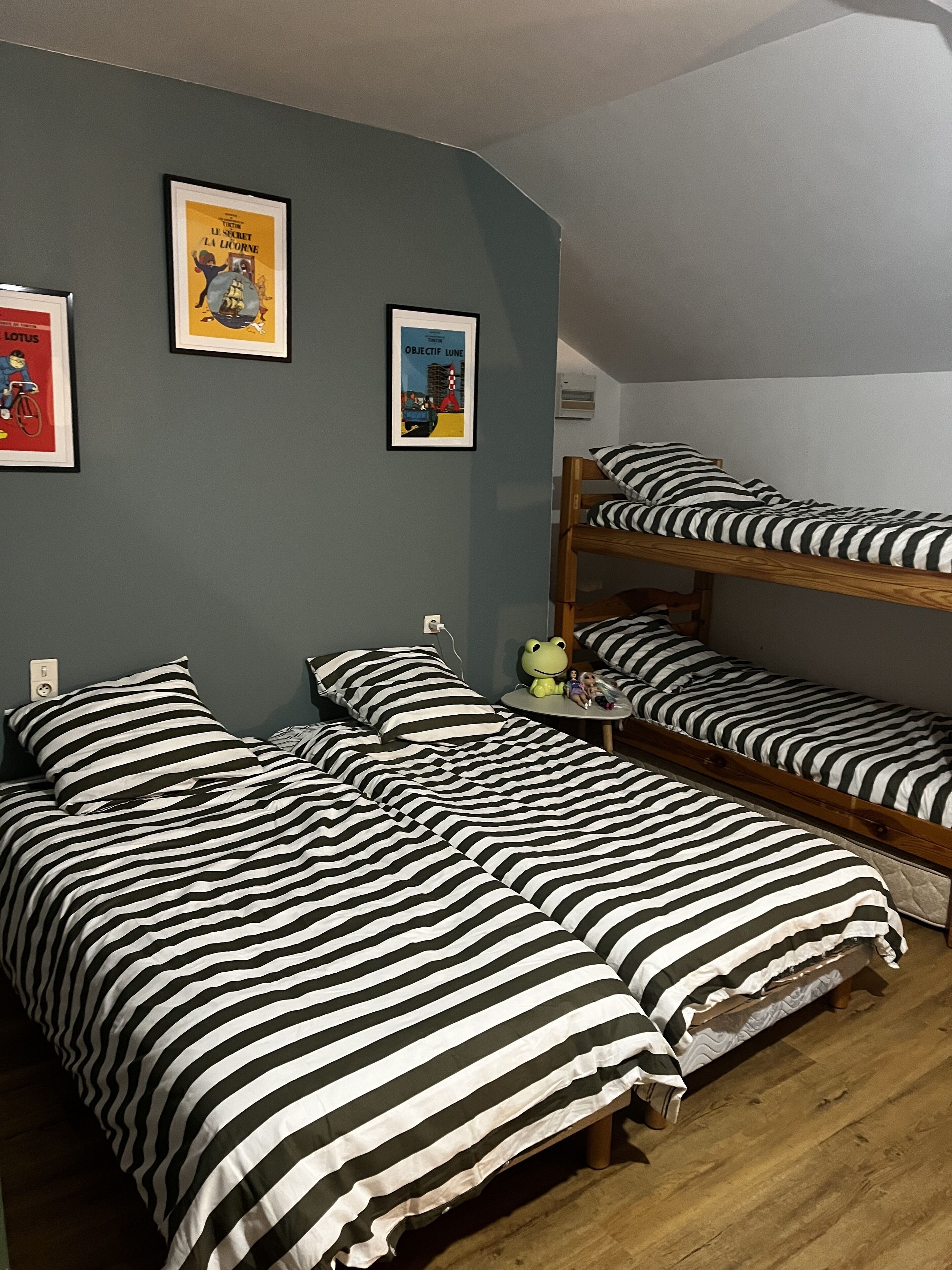 Ein Schlafsaalzimmer mit Etagenbetten, gestreifter Bettwäsche und zwei Bildern an der Wand.