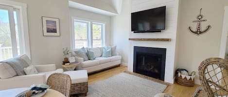 TV, fireplace, books