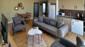 Un salon moderne avec un canapé gris, deux fauteuils, une table à manger et un coin cuisine doté d’appareils électroménagers blancs.