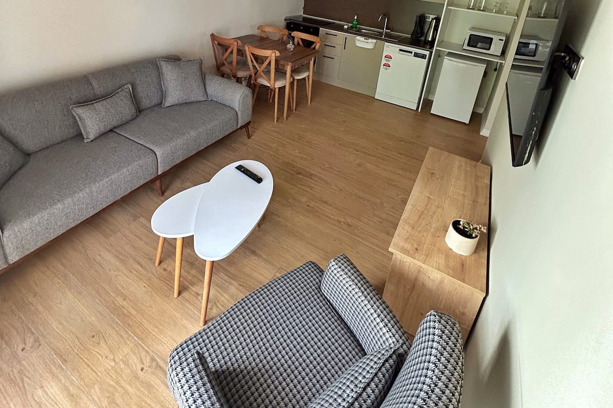 Un espace de vie compact comprenant un canapé gris, une petite table à manger, une kitchenette équipée d’un four à micro-ondes et un téléviseur fixé au mur.