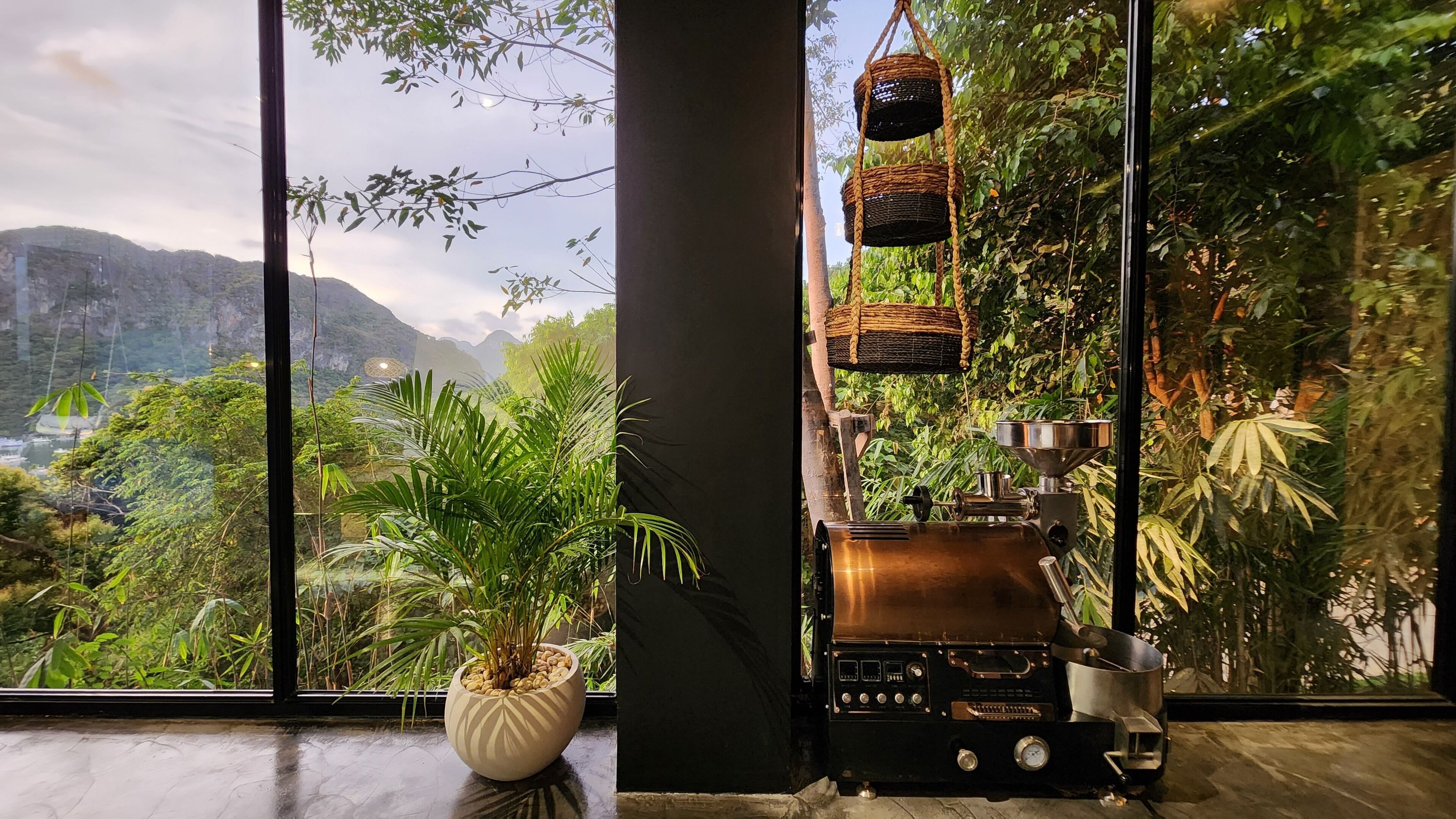 Una habitación con un ventanal que da a un paisaje montañoso, una planta en maceta y una cafetera rústica.
