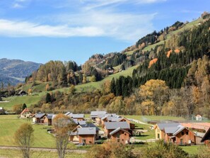 Situated in a forested landscape, these cabins offer a serene retreat amidst rolling hills and trees.