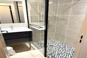 Shower, hair dryer, towels