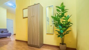 Una habitación con un armario de madera, una planta en maceta, un espejo y un sofá.