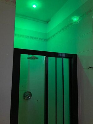 A bathroom with a glass door, a showerhead, and green lighting. - Labanca's Home (Matera)
