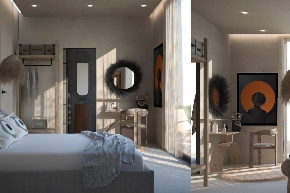 Un dormitorio moderno con cama, mesita de noche y espejo.