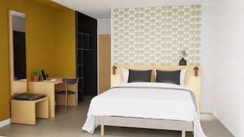 Ein Schlafzimmer mit Bett, Schreibtisch, Stuhl und Kleiderschrank.
