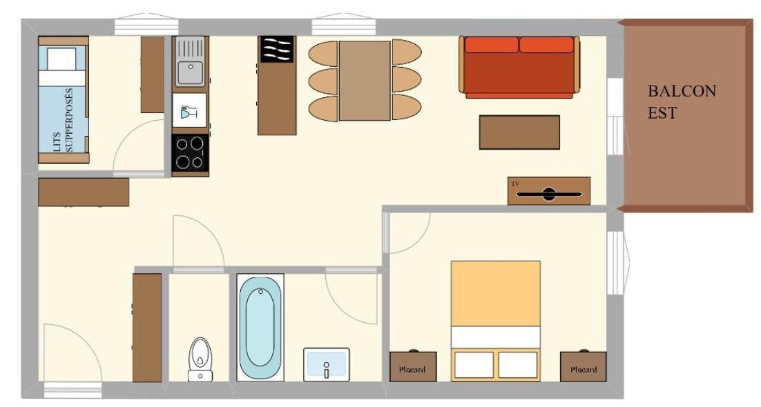 A hotel room layout with a balcony, a kitchenette, a bathroom, and a living area.