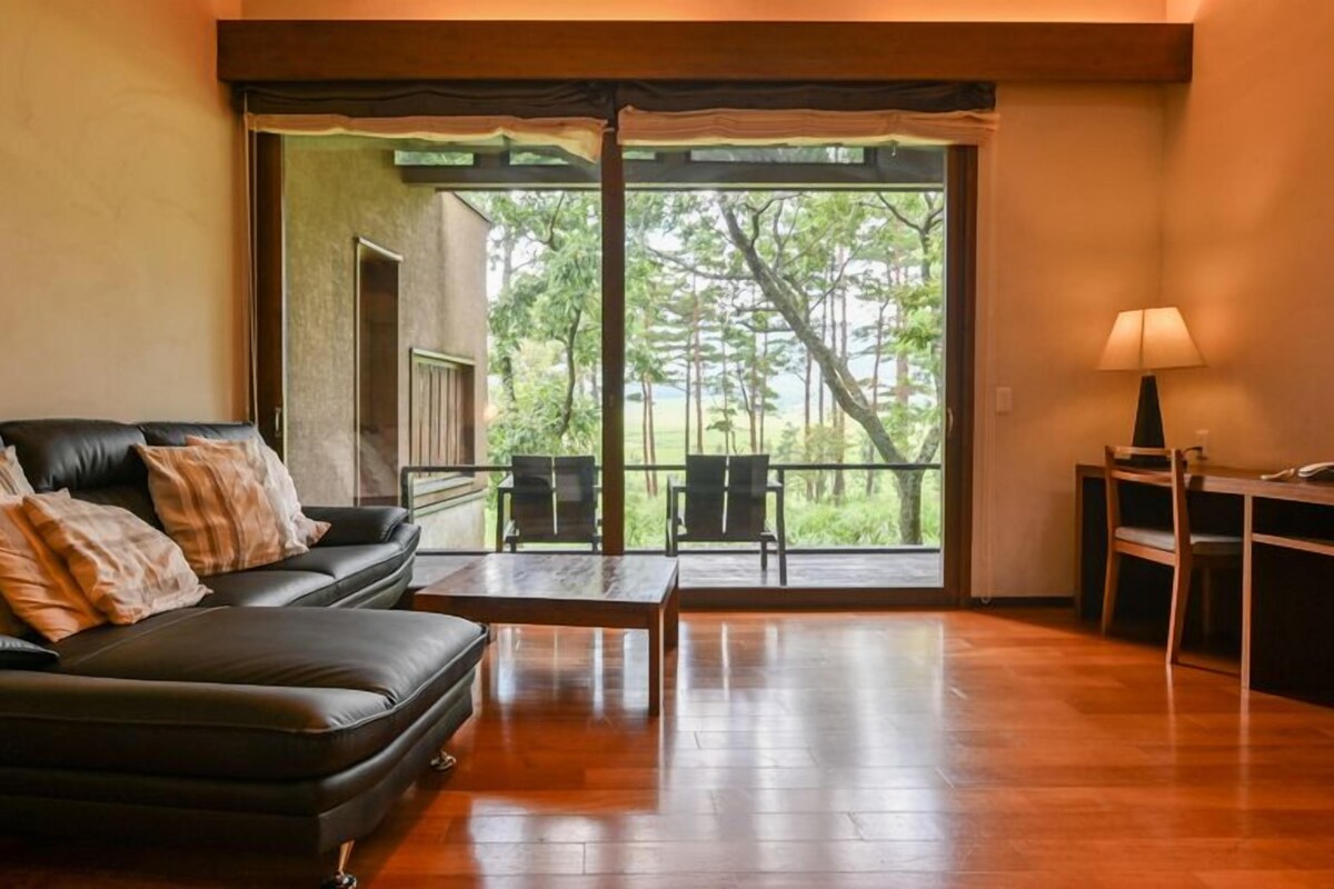 A living room with a black leather sofa, a wooden coffee table, and a TV on a wooden stand. There is a balcony with a view of trees and a railing.