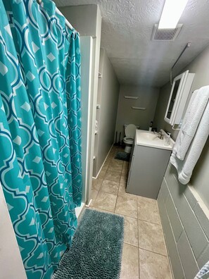 Hair dryer, towels, soap, toilet paper