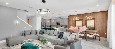 Smart TV, fireplace, video games, foosball