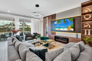 TV connectée, cheminée, jeux vidéo, baby-foot