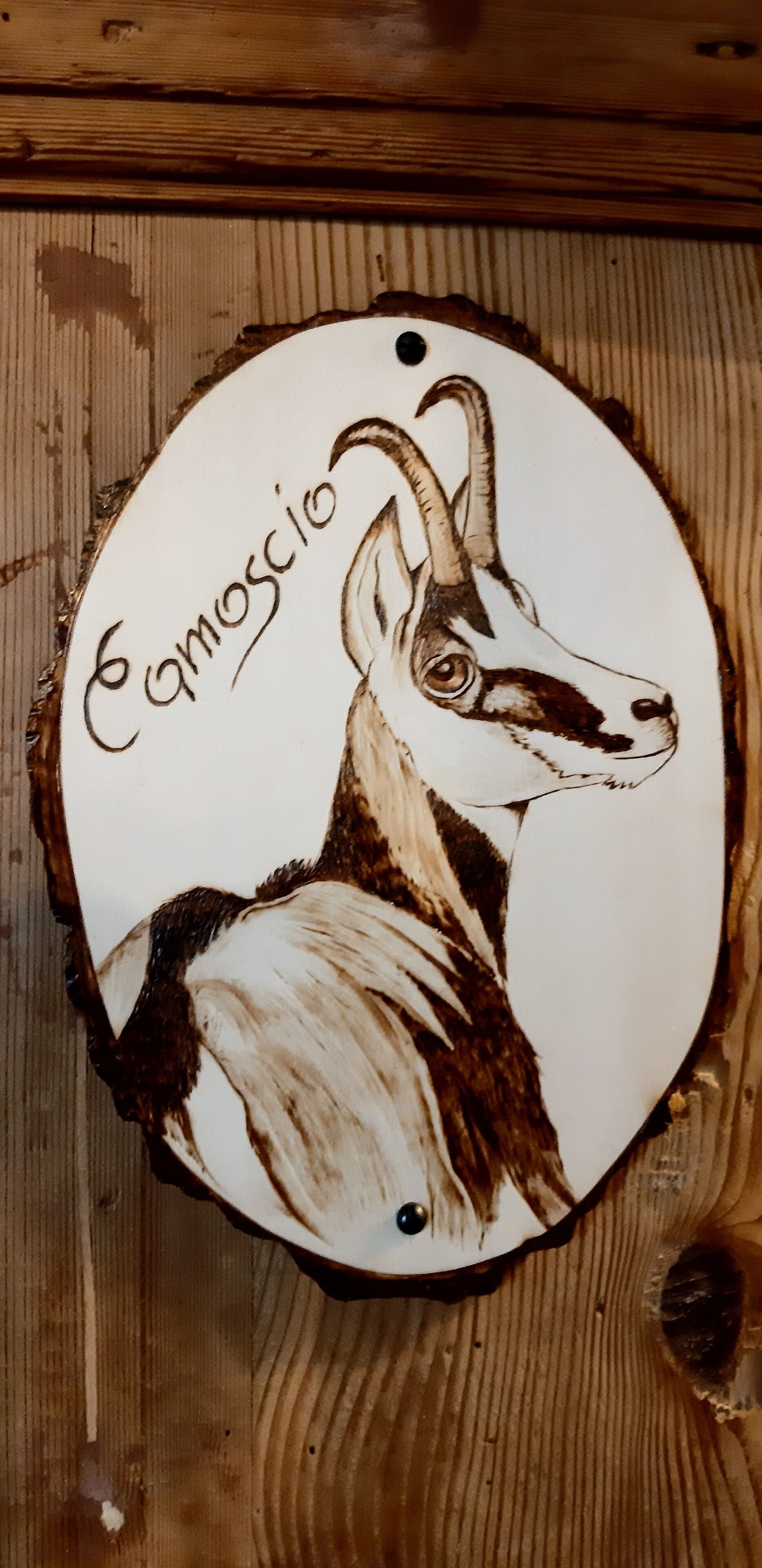 Une plaque en bois ornée d’une illustration de chèvre et portant le mot « Eamoscio ».