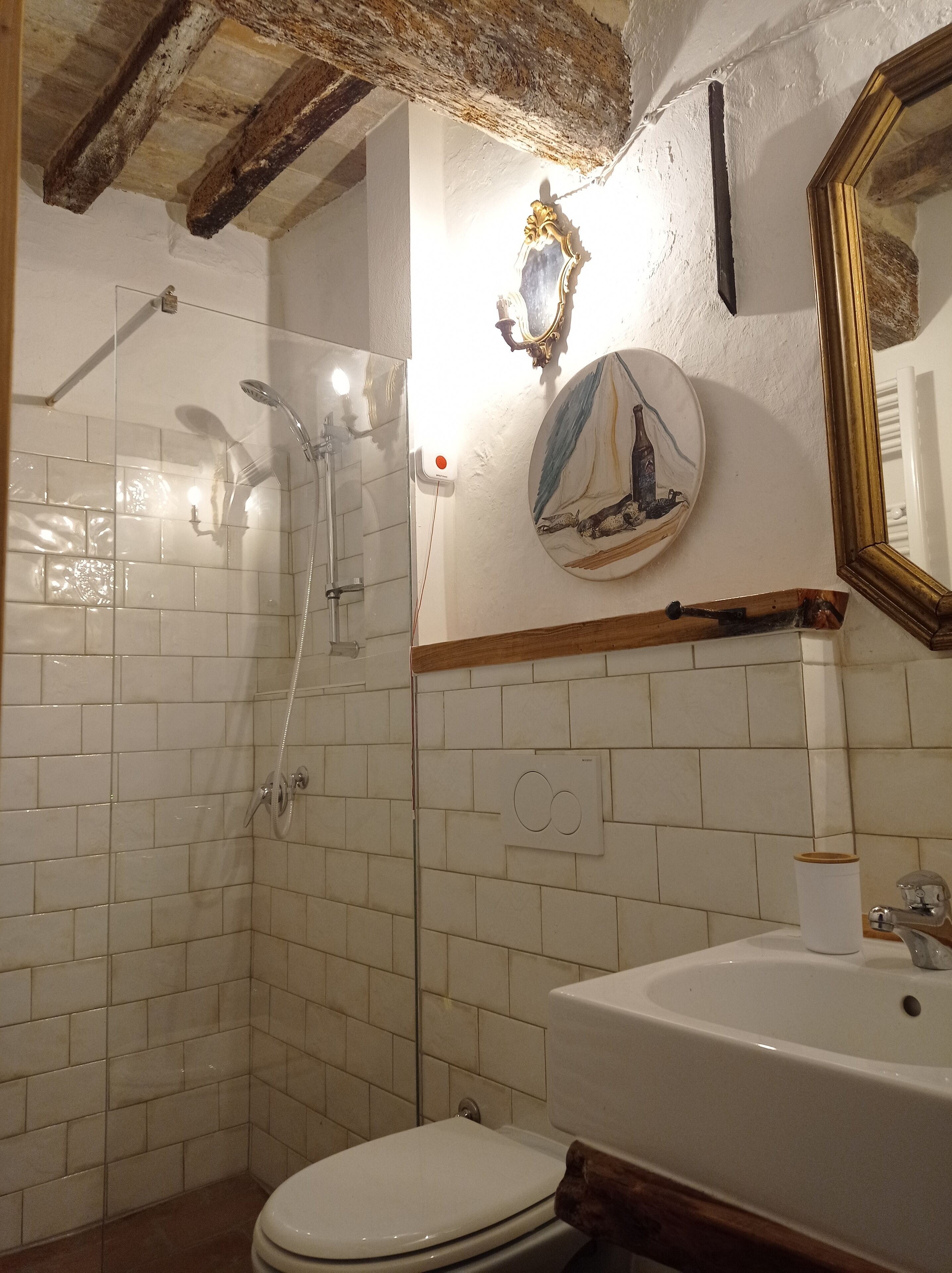 Une salle de bain équipée d’une douche, de toilettes, d’un lavabo et ornée d’une assiette décorative au mur.