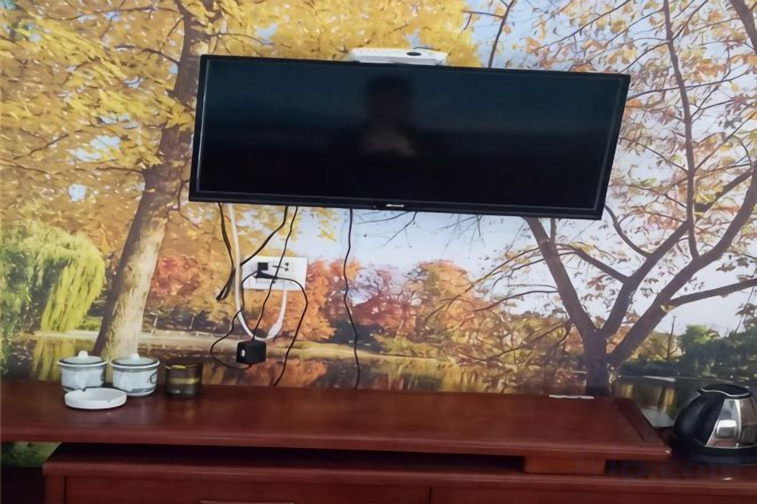 A flat-screen TV mounted on a wall with a power outlet and cables.