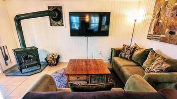 TV connectée, cheminée, jeux vidéo, livres