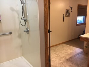 Combined shower/tub, hair dryer, towels